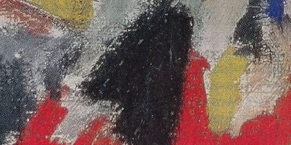 https—cdn.evbuc.com-images-693896769-267879320400-1-original.20240209-170046 Abstract painting of red, black, yellow, white and blue paint daubed on a textured canvas.